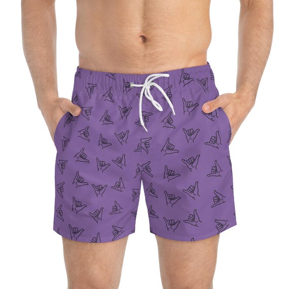 Purple Shaka Hang Loose Swim Trunks, Men's Surf Beach Shorts, Hawaiian Board Shorts, Ocean Swimwear, Summer Vacation Apparel