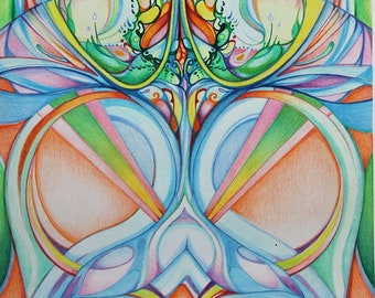 May include: Abstract art drawing in colored pencil with a symmetrical design of overlapping circles, lines, and shapes in shades of blue, green, orange, pink, and yellow.