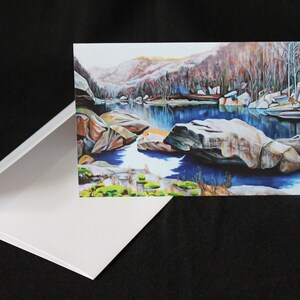 Biglietto di auguri - Scena invernale a New River (dipinto a olio) - Biglietto di auguri vuoto 4" x 6" con busta
