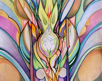 May include: Abstract art drawing with a white flower in the center. The drawing is done in colored pencil and features a variety of colors, including yellow, green, blue, purple, and orange.