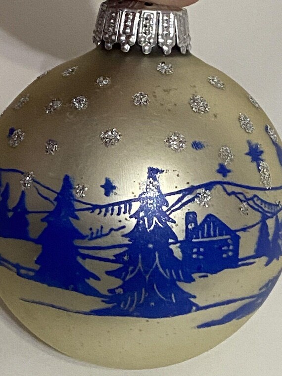 VTG 西ドイツ ガラスオーナメント 2.5インチ ブルー ステンシル