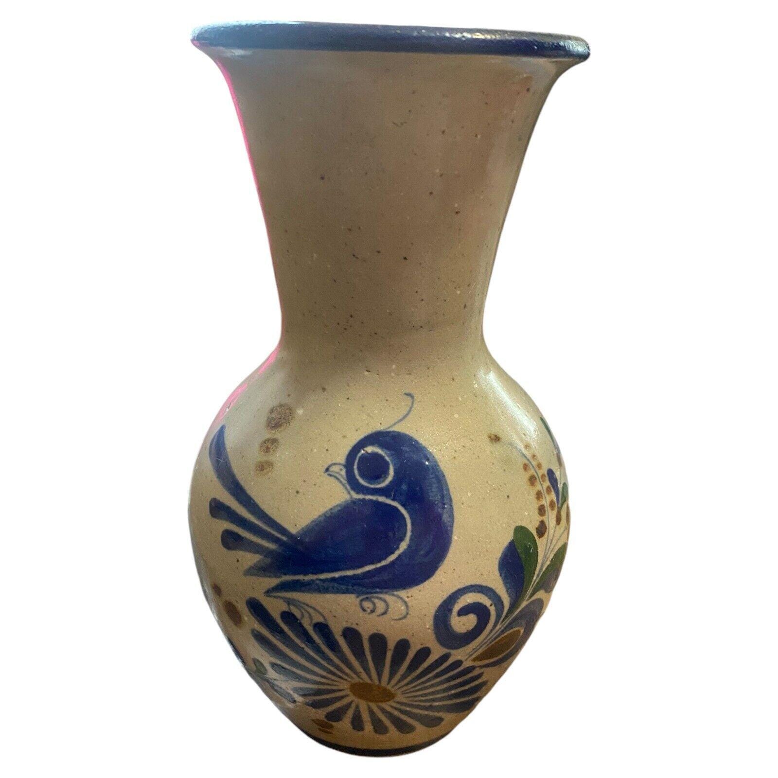 VTG Tonala メキシコ サイン入り陶器 ピッチャー 鳥 花 ブルー 手描き