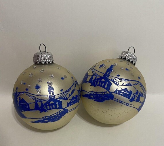 VTG 西ドイツ ガラスオーナメント 2.5インチ ブルー ステンシル