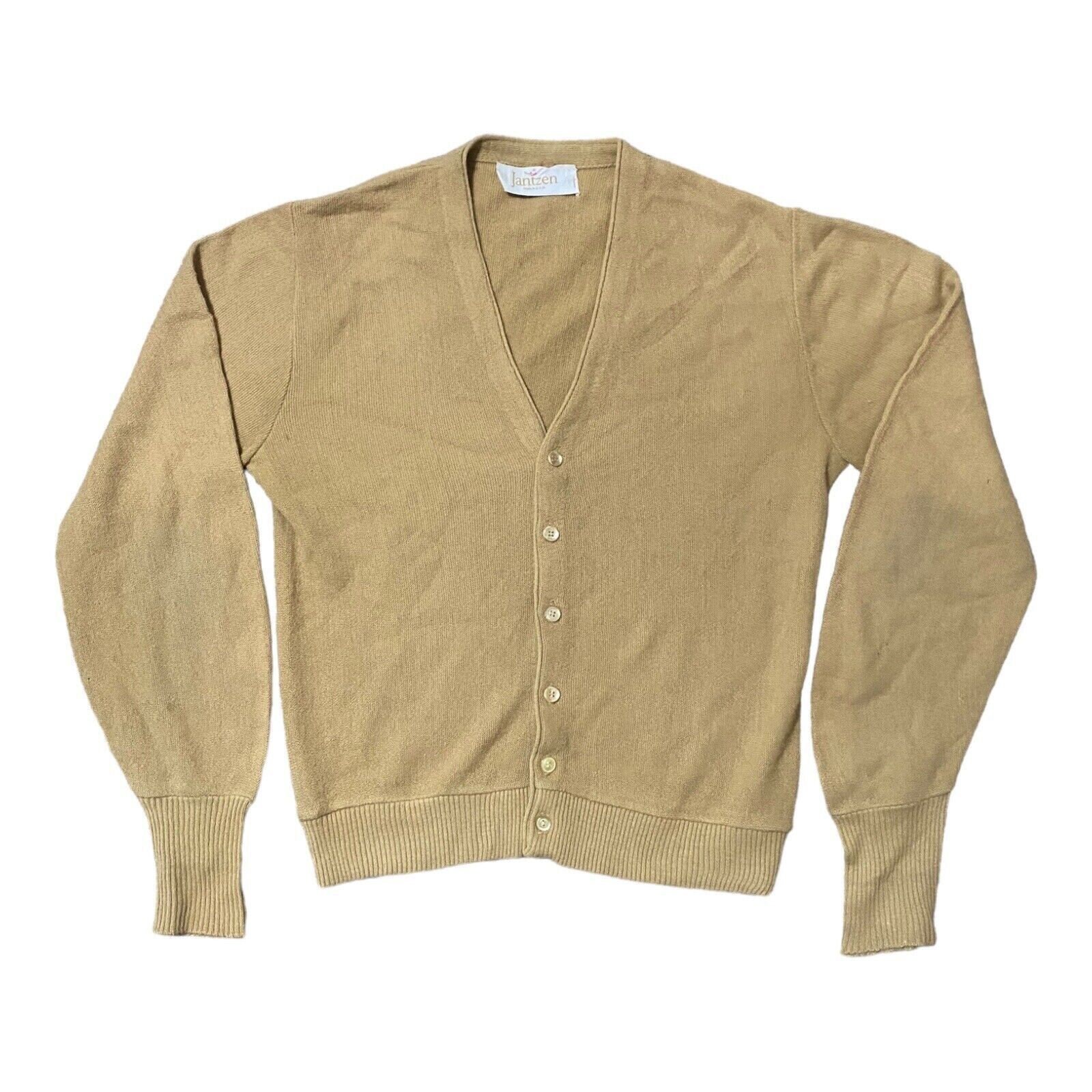 VTG 1970s Jantzen Mens Medium Tan Acrylic Cardigan Sweater VTG 1970s Jantzen Mens Medium Tan Acrylic Cardigan Sweater