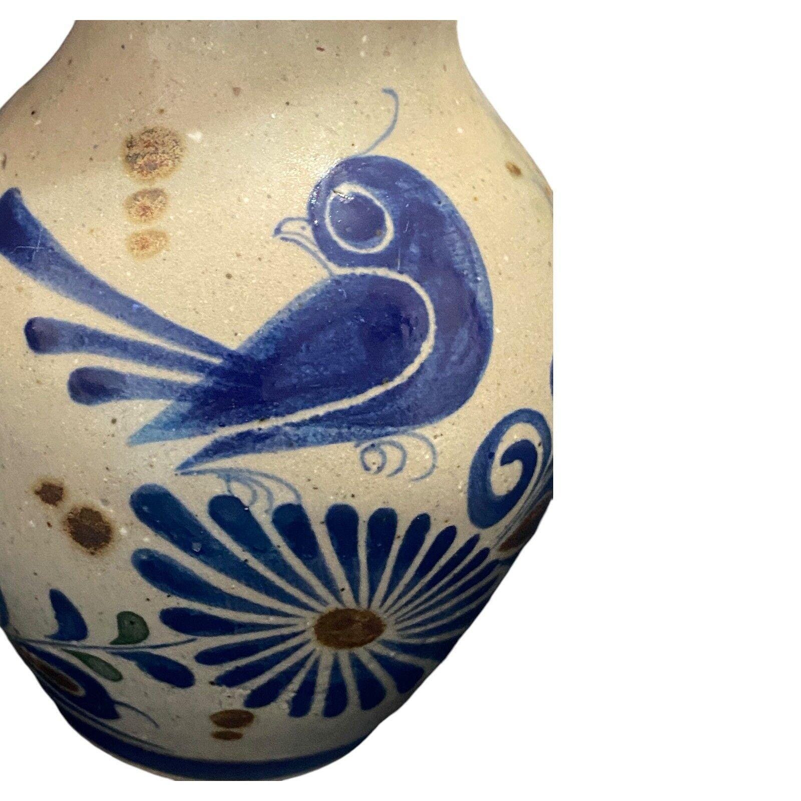 VTG Tonala メキシコ サイン入り陶器 ピッチャー 鳥 花 ブルー 手描き