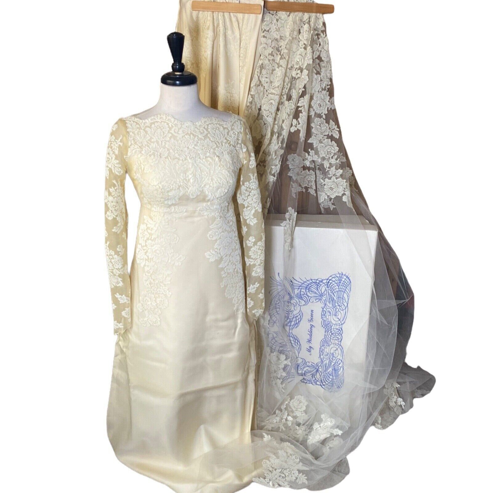 Ivory Priscilla of Boston cascade fingertip veil long train to the floor in back Priscilla of Boston, 2902 - w/o beading Wedding Dress Save  main image 2