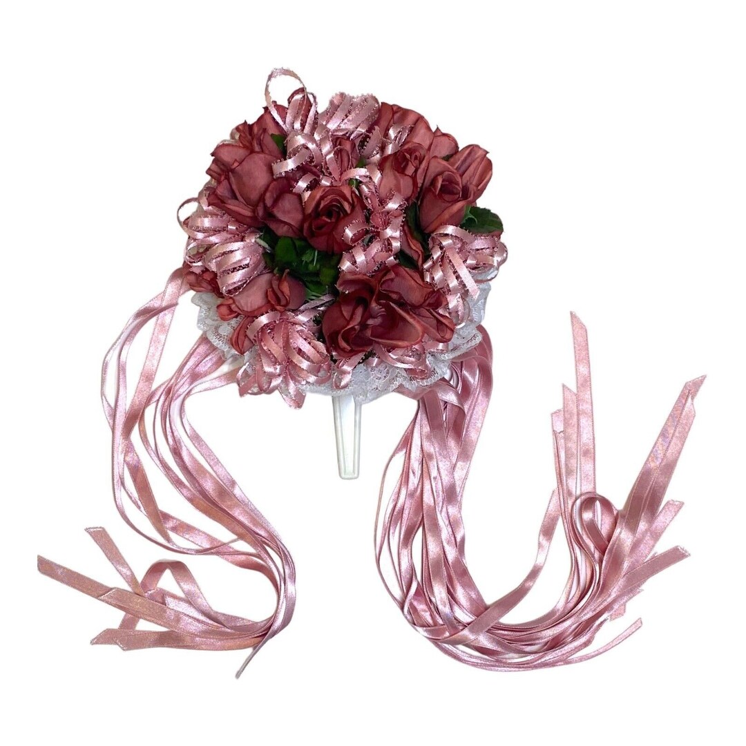Flower Streaming Ribbon VTG Silk Flower & Lace Streamers Wedding Bridal Bouquet Red Rose Pink ...