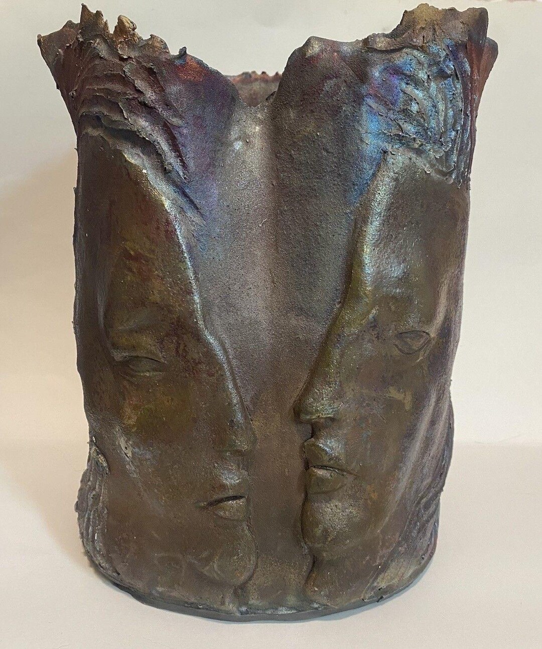 VTG Iridescent Raku Face Vessel Pottery Sculpted Vase Karen Beswick 11 ...