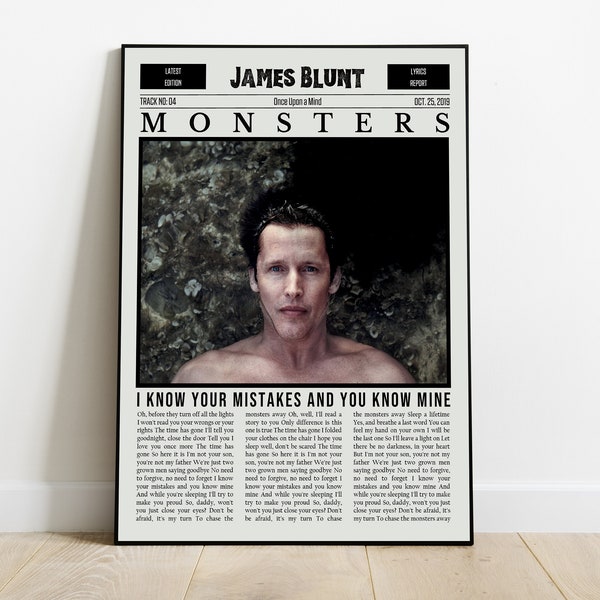 James Blunt Monsters Poster | Monsters Poster | Once Upon a Mind Retro Newspaper Print | Lyrics Print | Music Lovers | Wall Print