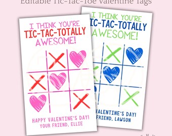 Editable Tic Tac Toe Valentine Tag | 2x3 Printable Classroom Valentine | Canva Valentine’s Day Tag | Kids School Valentine