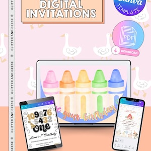 Op de afbeelding: Digitaal uitnodigingsontwerp met een laptop, tablet en smartphone met verjaardagsuitnodigingen. Het ontwerp bevat kleurpotloden, de tekst "Custom Digital Invitations" en de woorden "Editable Canva Template".