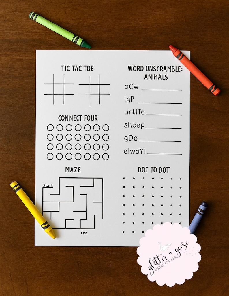 May include: A white activity sheet with various games, including Tic Tac Toe, Connect Four, a maze, and a dot-to-dot. The sheet also features a word scramble. Four crayons in green, orange, yellow, and blue are scattered around the sheet.
