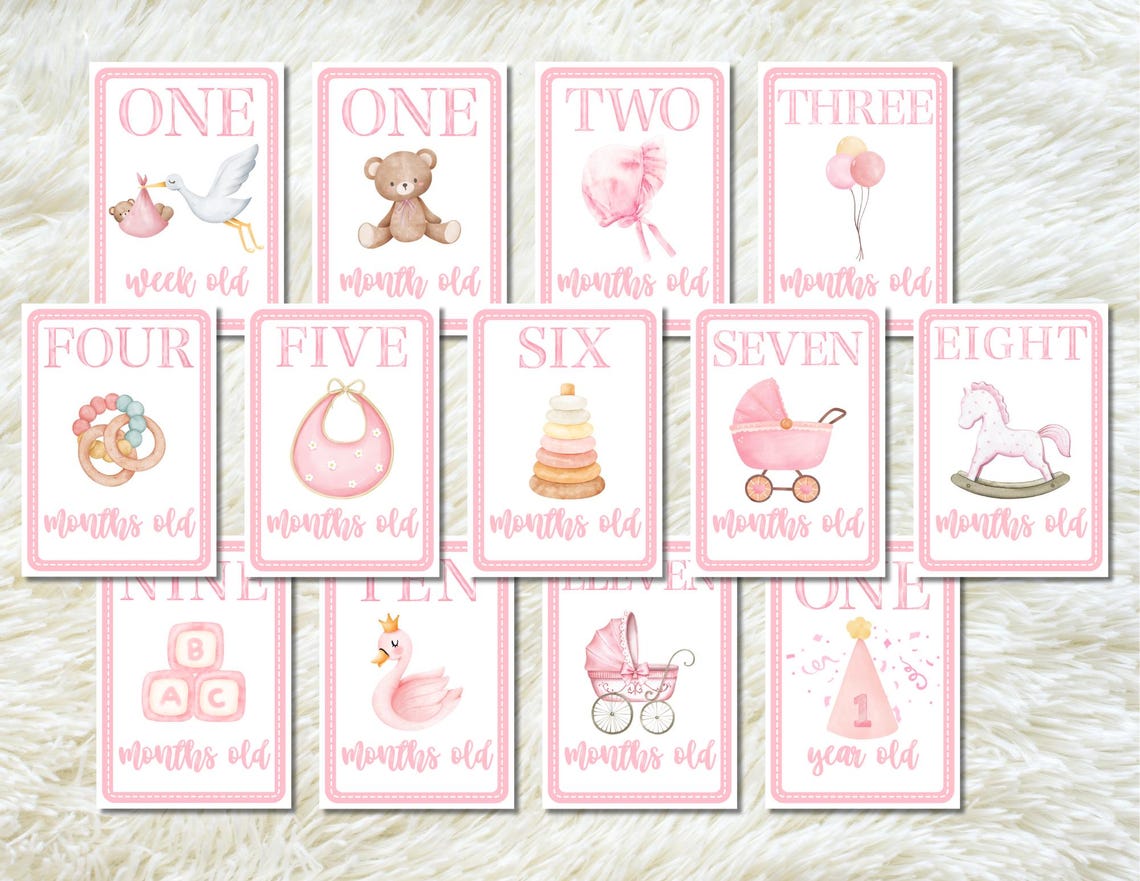 Printable Baby Girl Milestone Cards | Pink Watercolor Monthly Photo ...