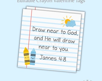 Christian Valentine Printable | Bible Verse Valentine for Kids | Classroom Christian Valentines | Editable Canva Template | Crayon Valentine