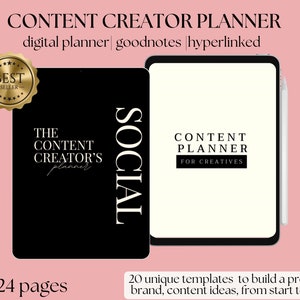 May include: A digital planner for content creators, with a black cover and the text "The Content Creator's Planner" and "SOCIAL" in white. The planner is open on a tablet screen, showing a white background with the text "CONTENT PLANNER FOR CREATIVES". The image also includes a gold "Best Seller" badge.