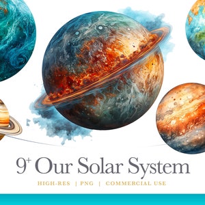 May include: A digital illustration of the planets in our solar system. The planets are painted in a watercolor style with swirling colors and textures. The planets are isolated on a white background.