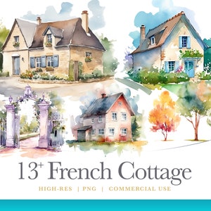 Niedliche französische Aquarell Cottage Clipart, französische Clipart, digitale Grafiken für die kommerzielle Nutzung sofort download