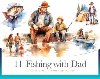 Watercolor Fishing Clipart: Dad & Family Graphics (Digital Download)