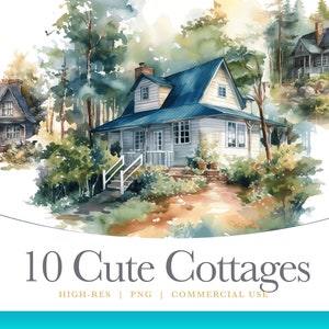 Cute Watercolor Cottage Clipart, digital graphics for commercial use instant download