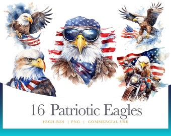 Watercolor Patriotic Bald Eagle Clipart, America July 4th, digital graphics for commercial use instant download