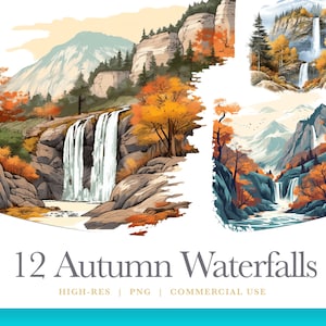 Watercolor Autumn Waterfalls Clipart, digital graphics for commercial use instant download