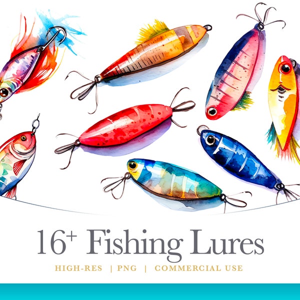 Fishing Lure Watercolor Clipart, digital graphics for commercial use instant download