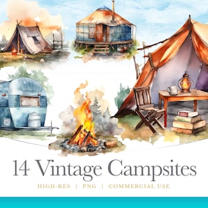 Golden Hour Watercolor Camping Clipart, Vintage camp clip art, gráficos digitales para uso comercial descarga instantánea