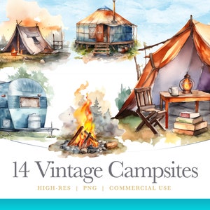 Golden Hour Watercolor Camping Clipart, Vintage camp clip art, gráficos digitales para uso comercial descarga instantánea