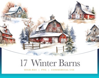 Winter Watercolor Barn Clipart, digital graphics for commercial use instant download