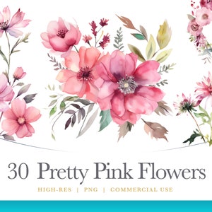 30 Watercolor Pink Flower PNG Clipart, digital graphics for commercial use instant download
