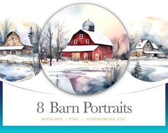 Rustic Watercolor Barn Clipart, Winter Barn Portraits, digital graphics for commercial use instant download