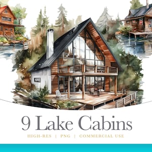 Cozy Watercolor Lake Cabin Clipart, digital graphics for commercial use instant download