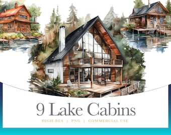 Gemütliches Aquarell See Cabin Clipart, digitale Grafik für kommerzielle Nutzung sofort download