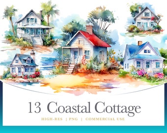 Cozy Watercolor Beach Cottage Clipart, digital graphics for commercial use instant download