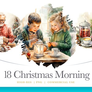 Watercolor Christmas Morning Clipart, Merry Christmas Clipart, digital graphics for commercial use instant download