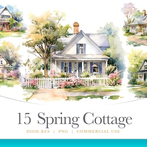 Watercolor Spring Cottage Clipart, digital graphics for commercial use instant download