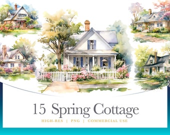 Watercolor Spring Cottage Clipart, digital graphics for commercial use instant download