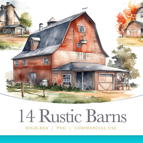 Rustic Watercolor Barn Clipart, digital graphics for commercial use instant download