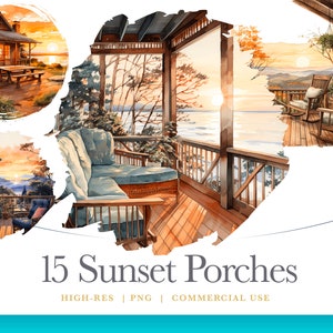Watercolor Sunset Porches Clipart, Sunset clipart, digital graphics for commercial use instant download