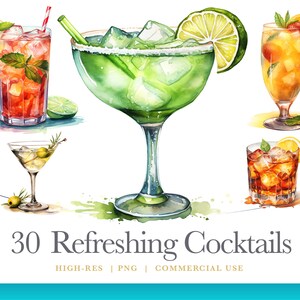 Clipart cocktail ad acquerello, clipart cocktail, menu bar, festa estiva, grafica digitale per download immediato per uso commerciale
