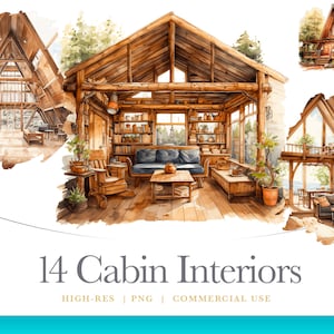 Watercolor Cabin Interior Clipart, furniture, digital graphics for commercial use instant download