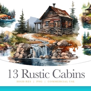 Rustic Watercolor Cabin Clipart, digital graphics for commercial use instant download