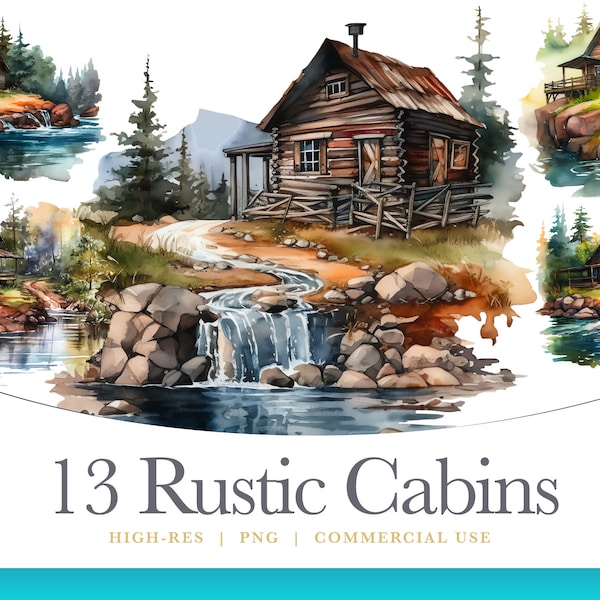 Rustic Watercolor Cabin Clipart, digital graphics for commercial use instant download