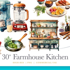 Niedliche Bauernhaus Küche Aquarell Clipart, digitale Grafiken für die kommerzielle Nutzung sofortiger Download