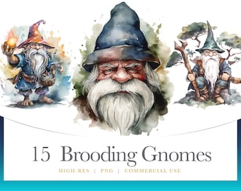 May include: A set of 15 watercolor illustrations of brooding gnomes. The gnomes are wearing pointy hats and have long white beards. They are depicted in various poses, some with staffs, others with their hands on their hips. The illustrations are in a whimsical style and would be perfect for a fantasy or fairytale themed project.