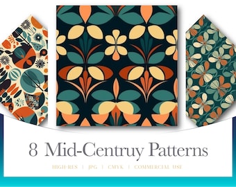 Mid-Century Blumenmuster, nahtloses Sublimationsdesign (Digitaler Download)