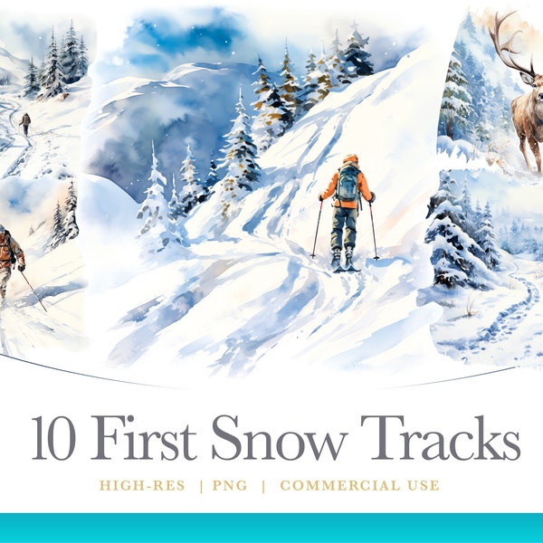 Watercolor Snow Shoeing Clipart, Skiing Clipart, digital graphics for commercial use instant download