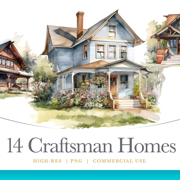 Watercolor Craftsman Home Clipart, digital graphics for commercial use instant download