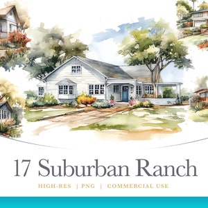 Watercolor Ranch Home Clipart, Suburb Home digital graphics for commercial use instant download