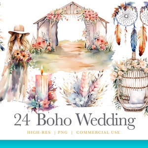 Watercolor Boho Wedding Clipart, Shabby Chic Boho Floral, digital graphics for commercial use instant download